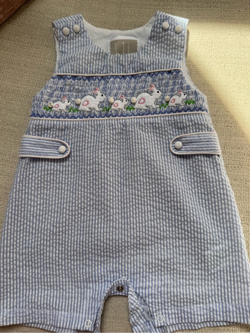 Easter boy outfit.  Light Blue & White Striped Smocked Bunny Overalls